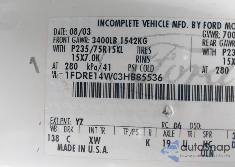 2003 Ford E-150 Recreational z USA, uszkodzony, nr VIN 1FDRE14W03HB85536